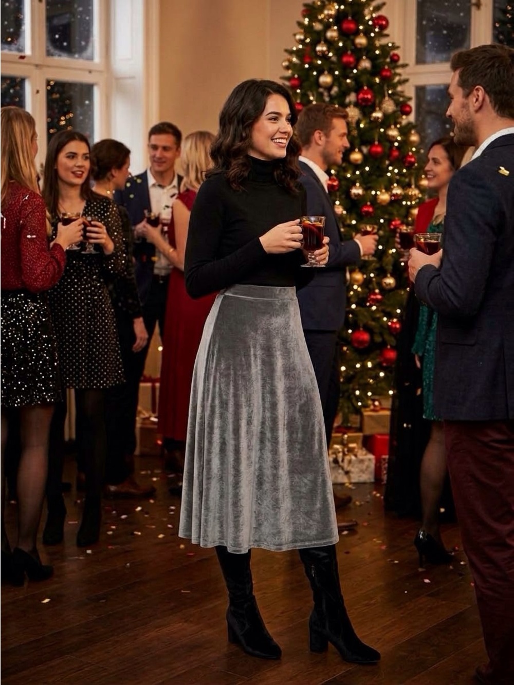 J Lee Gray Velvet Midi Skirt Large Holiday|Luxe|Dark Academia